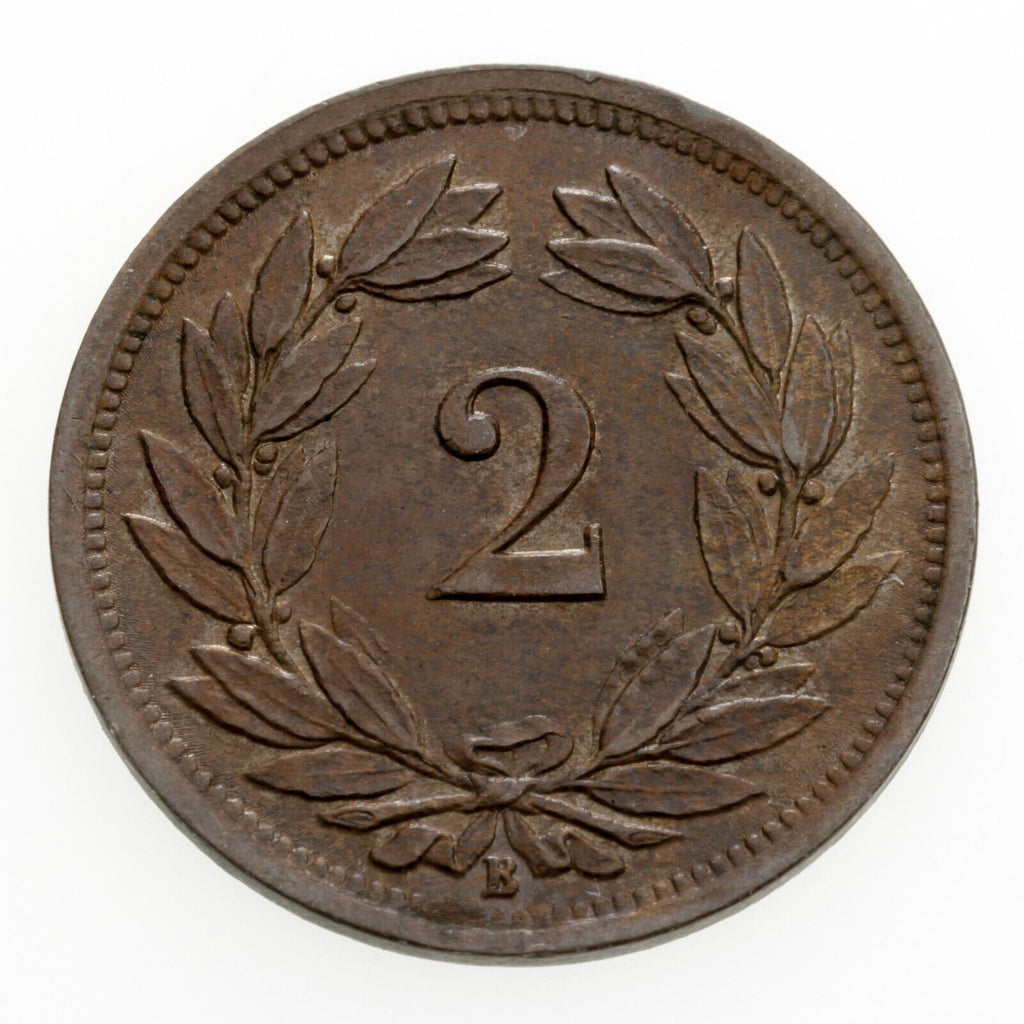 1875B Switzerland 2 Rappen Bronze Coin in UNC, KM# 4.1