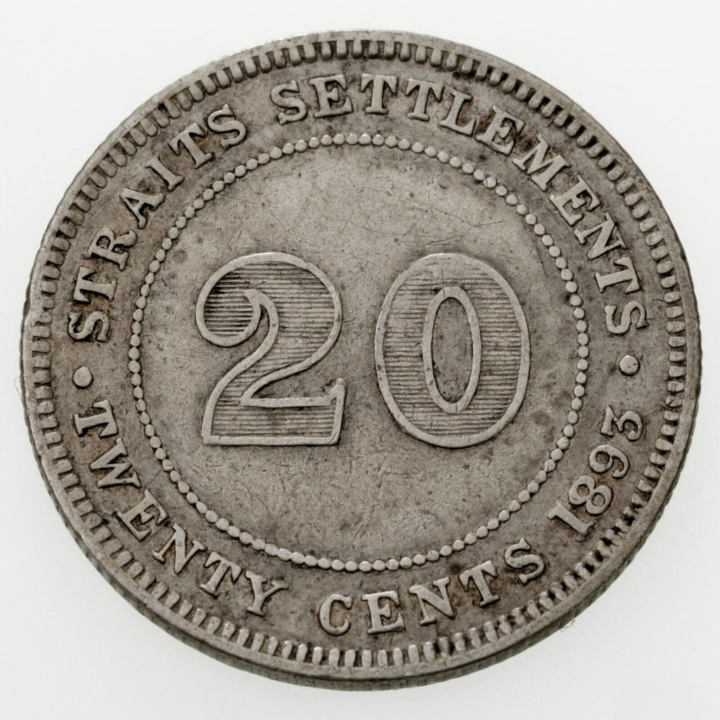 1893 Straits Settlements 20 Cents Coin in Extra Fine Condition (XF), KM 12