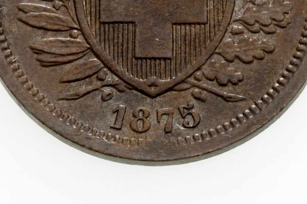 1875B Switzerland 2 Rappen Bronze Coin in UNC, KM# 4.1