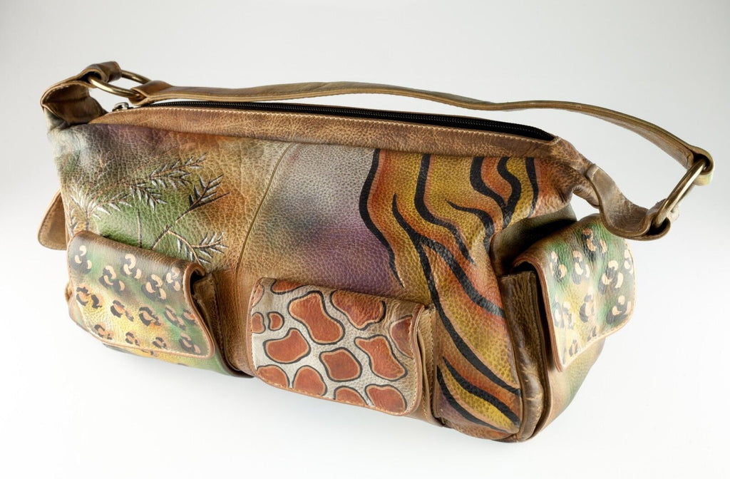 Anuschka Leather Print Hand-Painted Purse with Pockets and Zippers