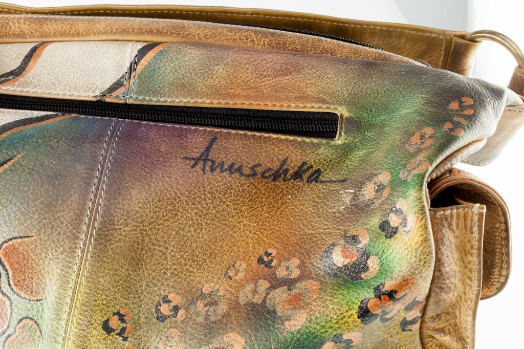 Anuschka Leather Print Hand-Painted Purse with Pockets and Zippers