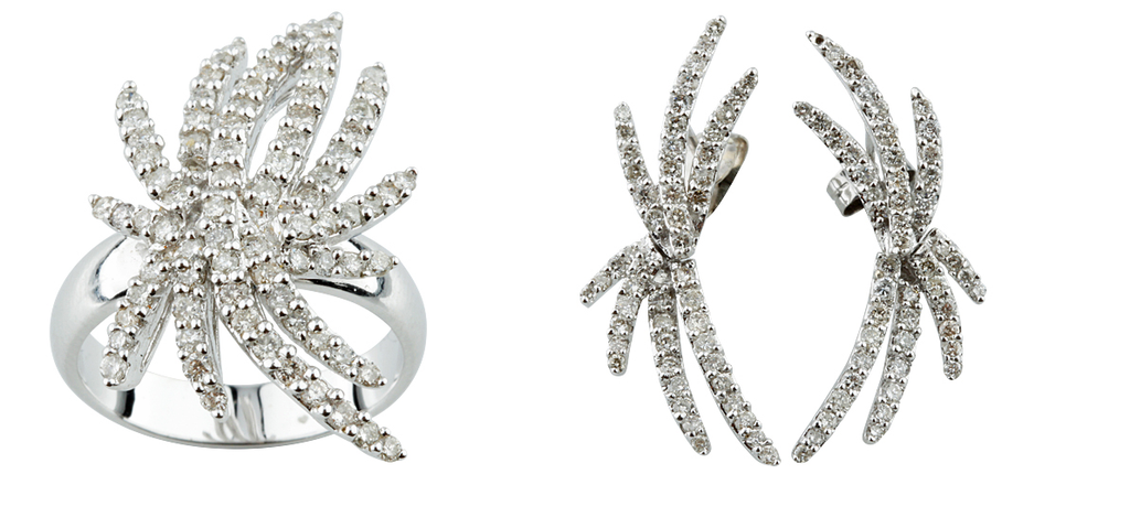 Beautiful 14k Diamond Firework Ring and Stud Earrings Set TDW = 2.30 Cts