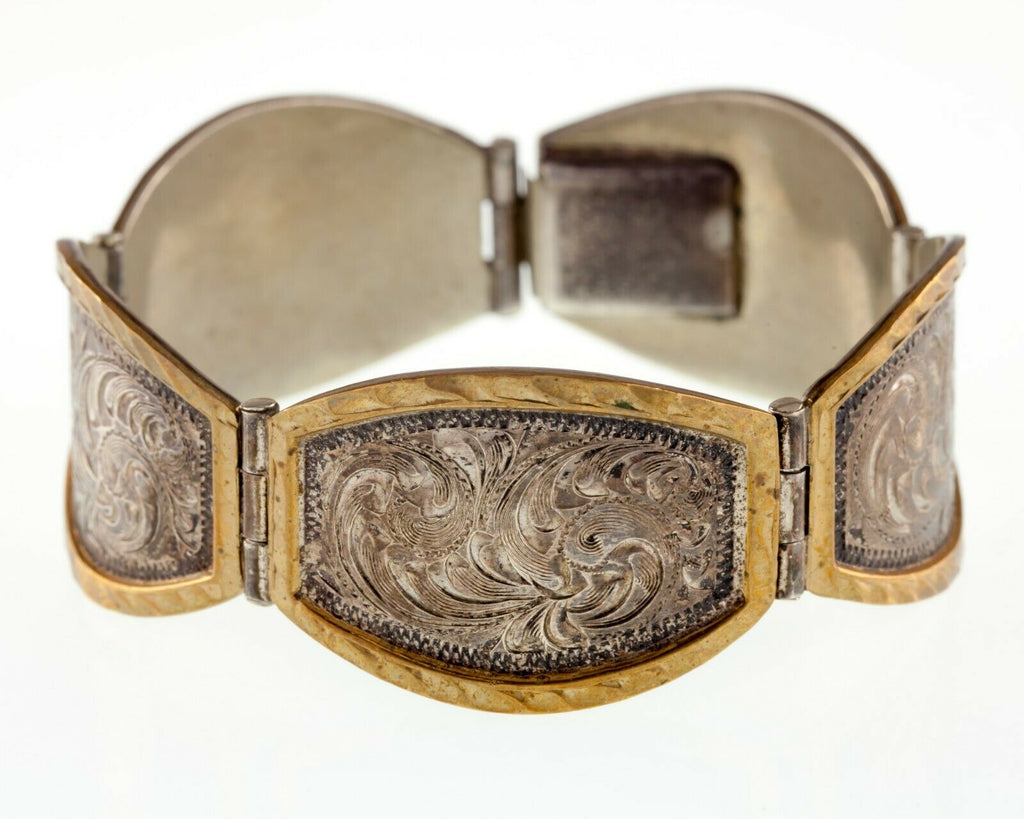 Vintage Mexico Sterling Silver & Brass Hand Engraving Link Bracelet 7.00"